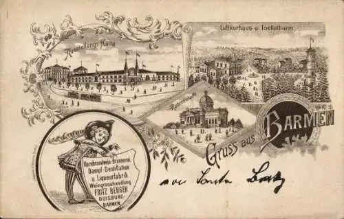 Litho Barmen Wuppertal, Ruhmeshalle, Ausstellungshalle, Turm, Wein-Geschäft Fritz Berger