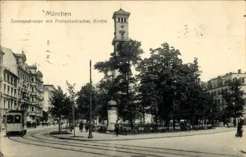 Ak München, Sonnenstraße, Protestantische Kirche, Straßenbahn Nr. 281