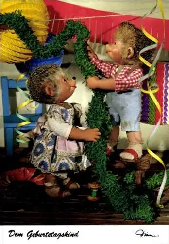 Ak Mecki der Igel, Glückwunsch zum Geburtstag, Igelkinder schmücken mit Girlanden