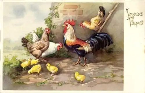 Ak Glückwunsch Ostern, Hühner, Küken, Hahn