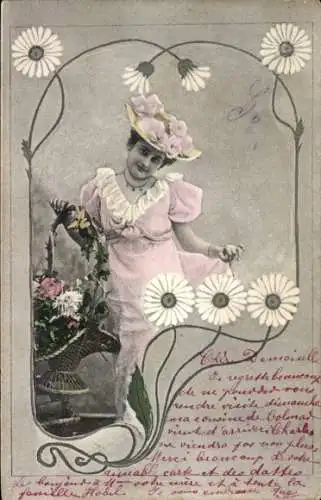 Passepartout Ak Frau mit Blumenkorb, Porträt