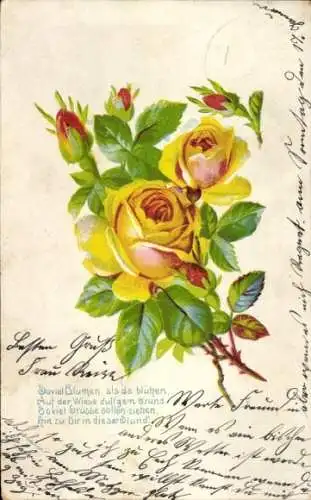 Litho  Gelbe Rosen, Knospe, Gedicht