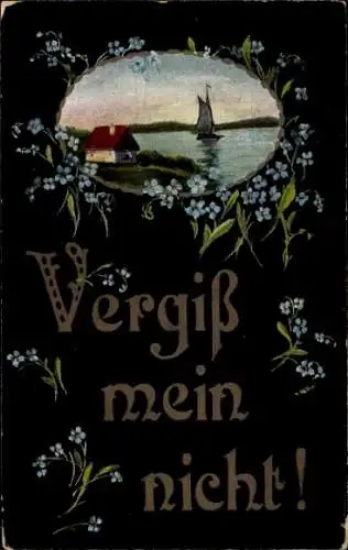 Ak Kitsch, Vergissmeinnicht, Segelboot, Haus
