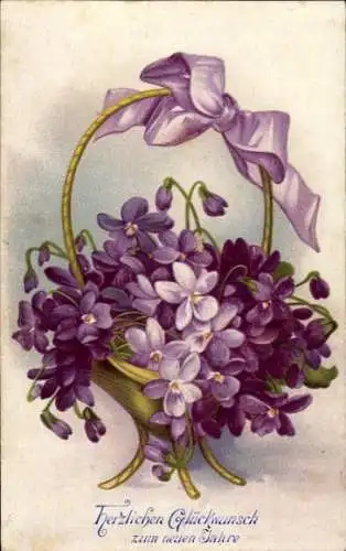 Präge Ak Glückwunsch Neujahr, Veilchen im Korb