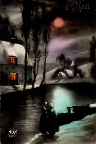 Ak Frohe Weihnachten, winterliches Dorf bei Nacht, zwei Mädchen am Ufer
