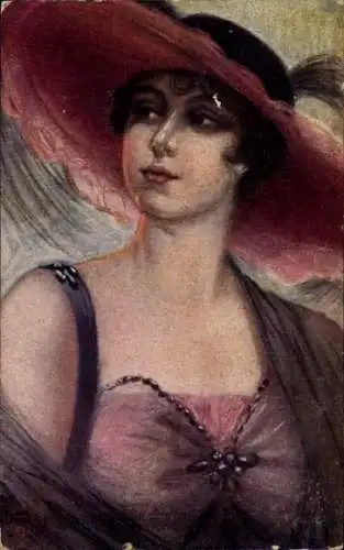 Ak Gemaltes Frau-Porträt, Hut, Kleid