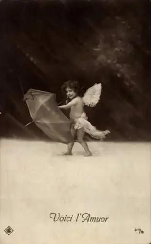 Ak Amor, Liebes-Engel mit Regenschirm