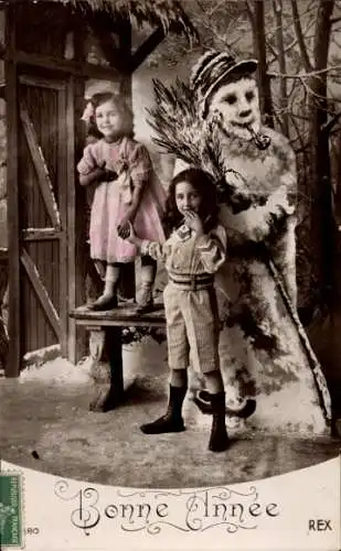 Ak Glückwunsch Neujahr, Schneemann, Kinder