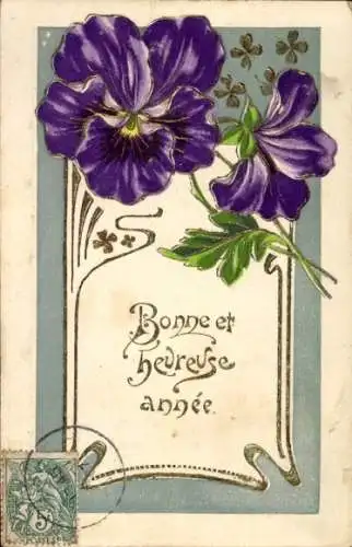 Präge Ak Glückwunsch Neujahr, Blumen, Glücksklee