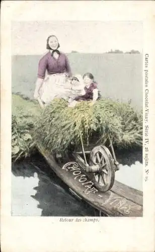 Ak Bäuerin mit Schubkarre, Kinder, Reklame Chocolat Vinay
