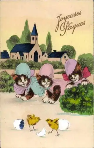 Ak Glückwunsch Ostern, Katzen als Ostereier, Küken