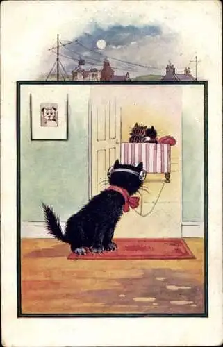 Ak Schwarze Katze mit Kopfhörern belauscht Katzenpaar