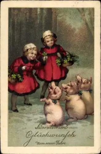 Ak Glückwunsch Neujahr, Kinder, Schweine, Glücksklee