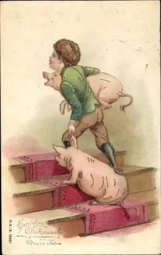 Ak Glückwunsch zum neuen Jahr, Junge mit Schweinen auf einer Treppe