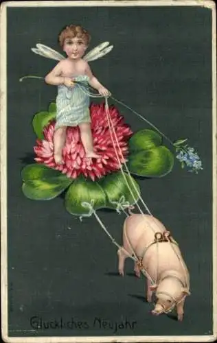 Präge Ak Glückwunsch Neujahr, Kleeblatt, Schwein