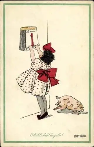 Fröhliches Neujahr, Mädchen mit Kalender, Schwein