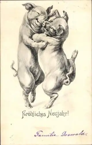 Ak Glückwunsch Neujahr, tanzende Schweine, vermenschlicht