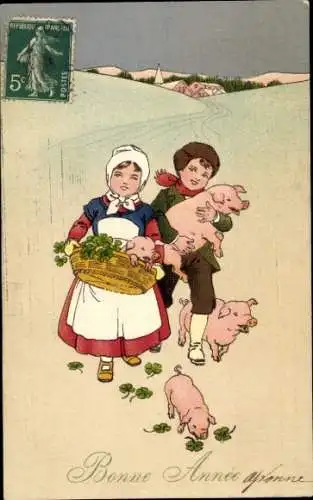 Ak Fröhliches Neujahr, Kinder mit Schweinen, Kleeblätter