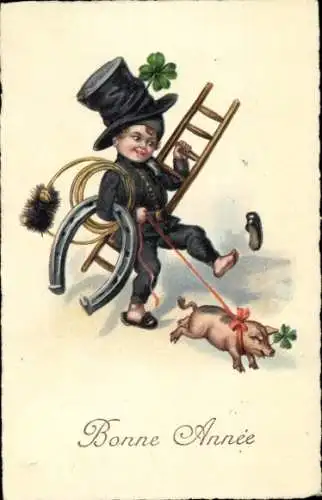 Ak Neujahr, Schornsteinfeger, Klee, Schwein