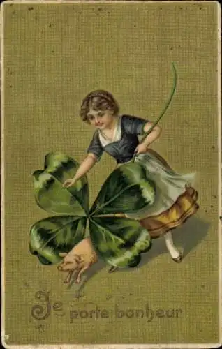 Präge Litho Glückwunsch Neujahr, Mädchen mit Kleeblatt, Schwein