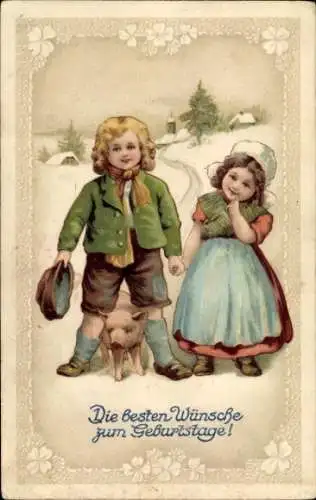 Ak Glückwunsch Geburtstag, Kinder mit Schwein