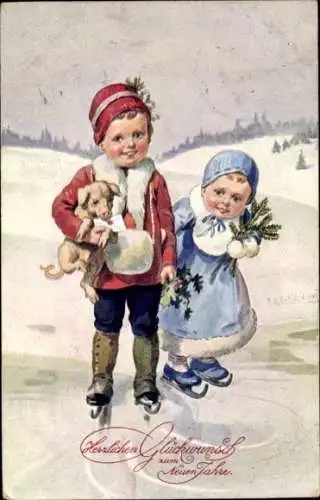 Künstler Ak Reckziegel, Glückwunsch Neujahr, Kinder beim Eislaufen, Schwein