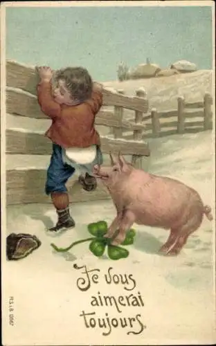 Ak Junge klettert über Zaun, Schwein zerreißt seine Hose, Kleeblatt