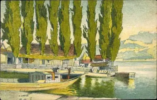 Künstler Litho Stiefel, E., Männedorf Kanton Zürich Schweiz, Boote am Anleger, Zürichsee