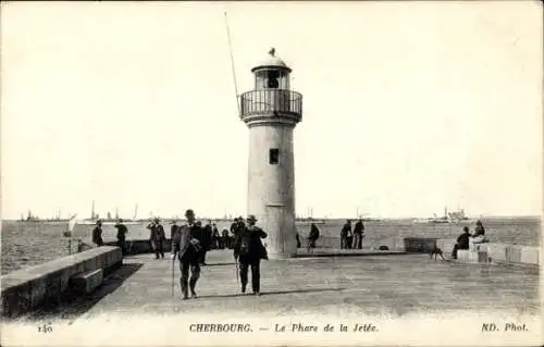 Ak Cherbourg Manche, Leuchtturm auf der Mole