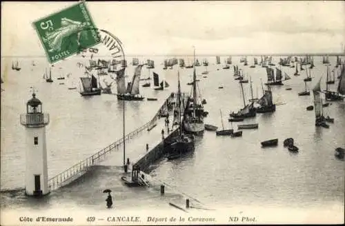 Ak Cancale Ille et Vilaine, Hafen, Segelboote bei der Ausfahrt