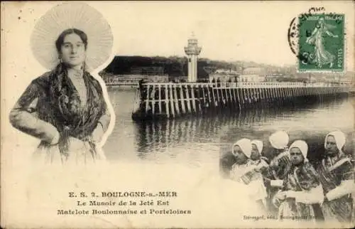 Ak Boulogne sur Mer Pas de Calais, Seebrücke, Leuchtturm, Frau in Tracht