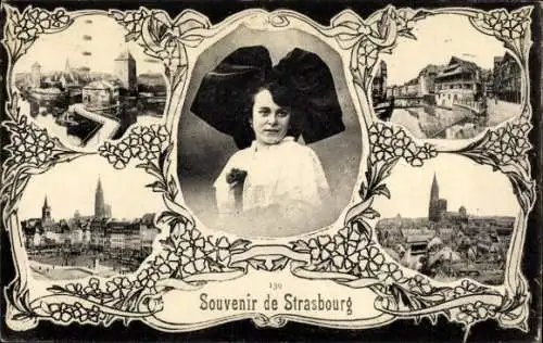 Ak Straßburg Elsass Bas Rhin, Schwarz-weißes Foto einer jungen Frau mit Hut und Blume im Profil.