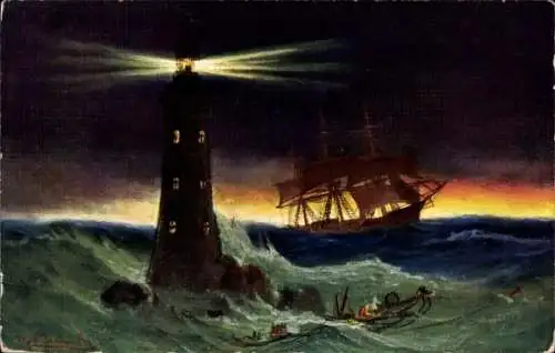 Künstler Ak Leuchtturm an der Küste Schottlands mit Segelschiff