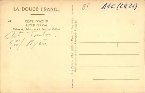 Ak Hyères Var, Villen und Häuser am Hang