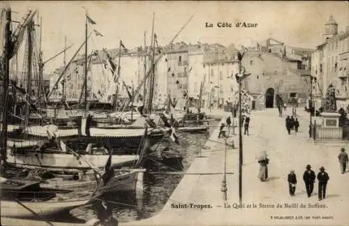 Ak Saint Tropez Var, Quai und die Statue von Bailli de Suffren