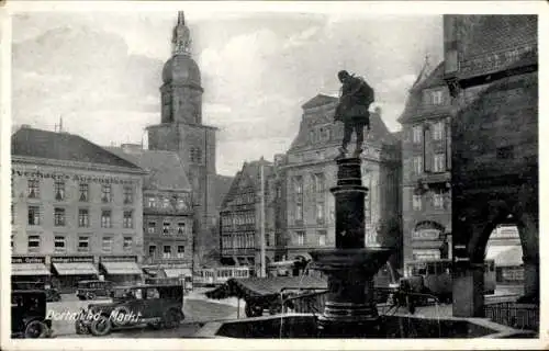 Ak Dortmund im Ruhrgebiet,  ein Brunnen, Straßenbahn, Autos, Gebäude