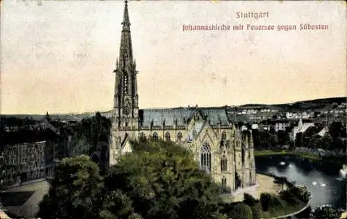 Relief Ak Stuttgart in Württemberg, Johanneskirche, Feuersee