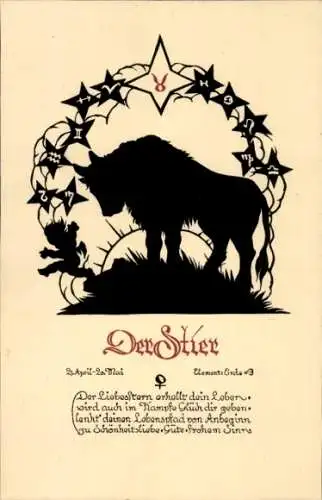 Scherenschnitt Ak Sternzeichen Stier, Liebesstern erhellt dein Leben...