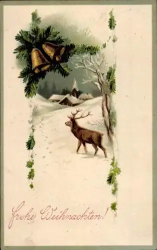 Präge Ak Glückwunsch Weihnachten, Hirsch, Glocken, Tannenzweige