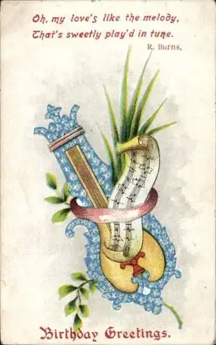 Ak Glückwunsch Geburtstag, Blumen, Laute, Noten, Zitat von R. Burns