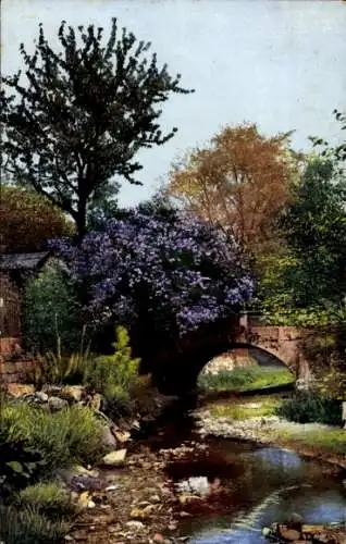 Ak Deutscher Frühling, Flieder, Fluss, Brücke