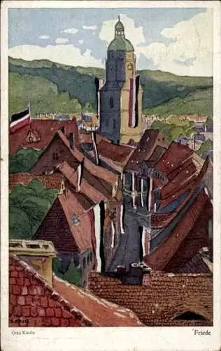 Künstler Ak Kaule, O., Friede, Wohnhäuser, Fahnen, Turm