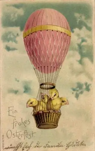 Litho Glückwunsch Ostern, Küken, Ballonflug