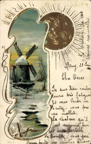 Präge Passepartout Litho Windmühle, Sonne, Schnee