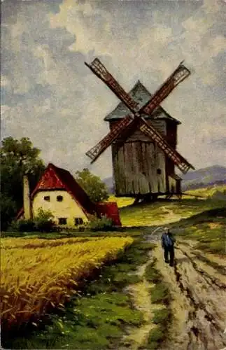 Künstler Ak Hoy, W., Windmühle II., Bauer, Sense