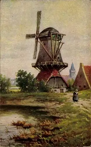Künstler Ak Hoy, W., Windmühle I., Kirchturm, Flussufer