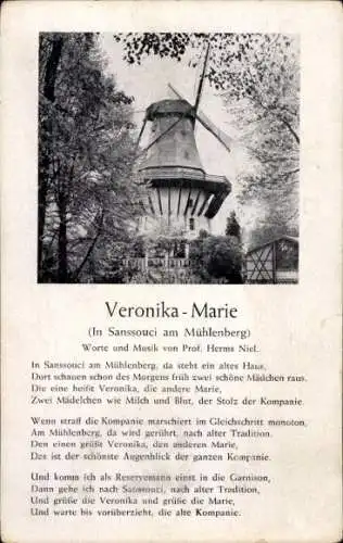 Ak Potsdam Sanssouci, Gedicht Veronika-Marie, Windmühle, In Sanssouci am Mühlenberg...
