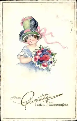 Ak Glückwunsch Geburtstag, Frau mit Hut und Blumenstrauß