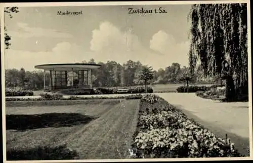 Ak Zwickau in Sachsen, Wegpartie mit Blick auf den Musiktempel, Gartenanlage