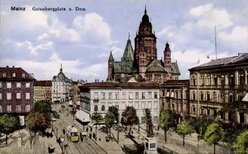 Ak Mainz am Rhein, Gutenbergplatz, Dom, Straßenbahn